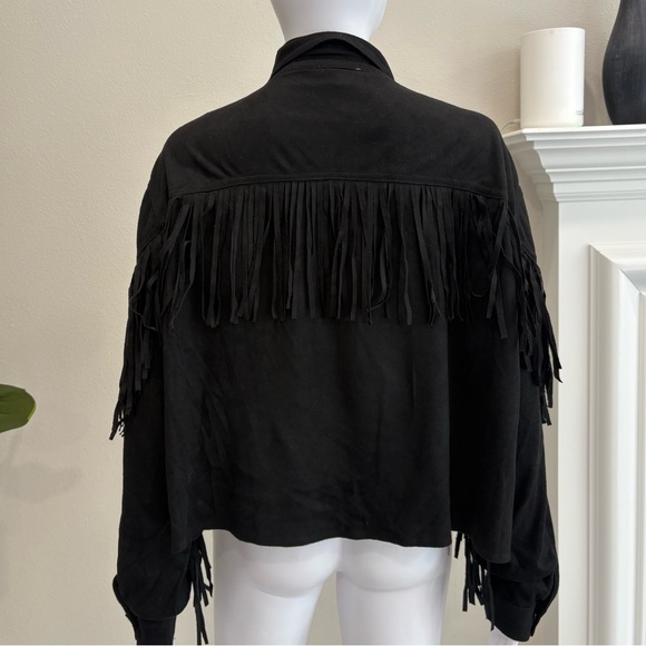 KORI Black Faux Suede Western Fringe Snap Shirt Jacket Womens Size Large Shacket - Picture 7 of 13